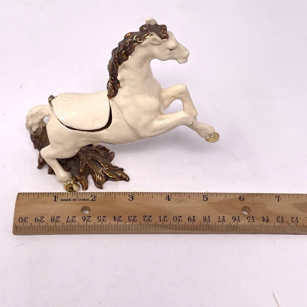 Vintage Enamel Rearing Horse Trinket Box White Stallion Jeweled Eye - AS IS